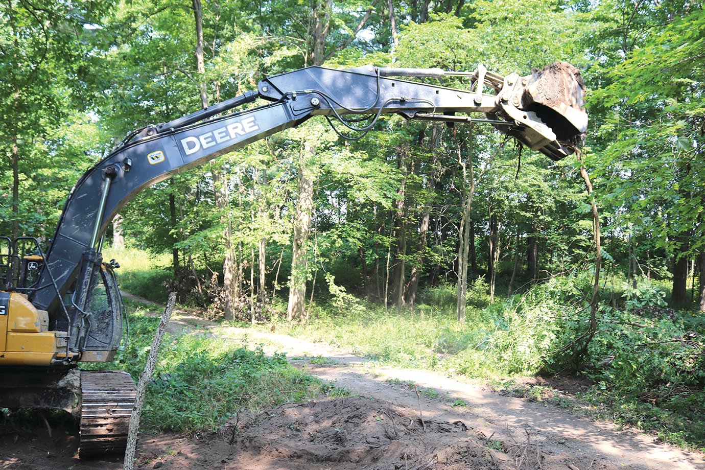 An excavator clears trees and other plant life from a trail Tuesday near the east end of the Darlington Conservation Club wooded area to provide a ramp for crews to continue clearing mud and silt from the club pond.