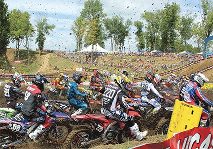 Riders try to create seperation in the early part of a moto during the Ironman National Lucas Oil Pro Motocross race on Saturday.