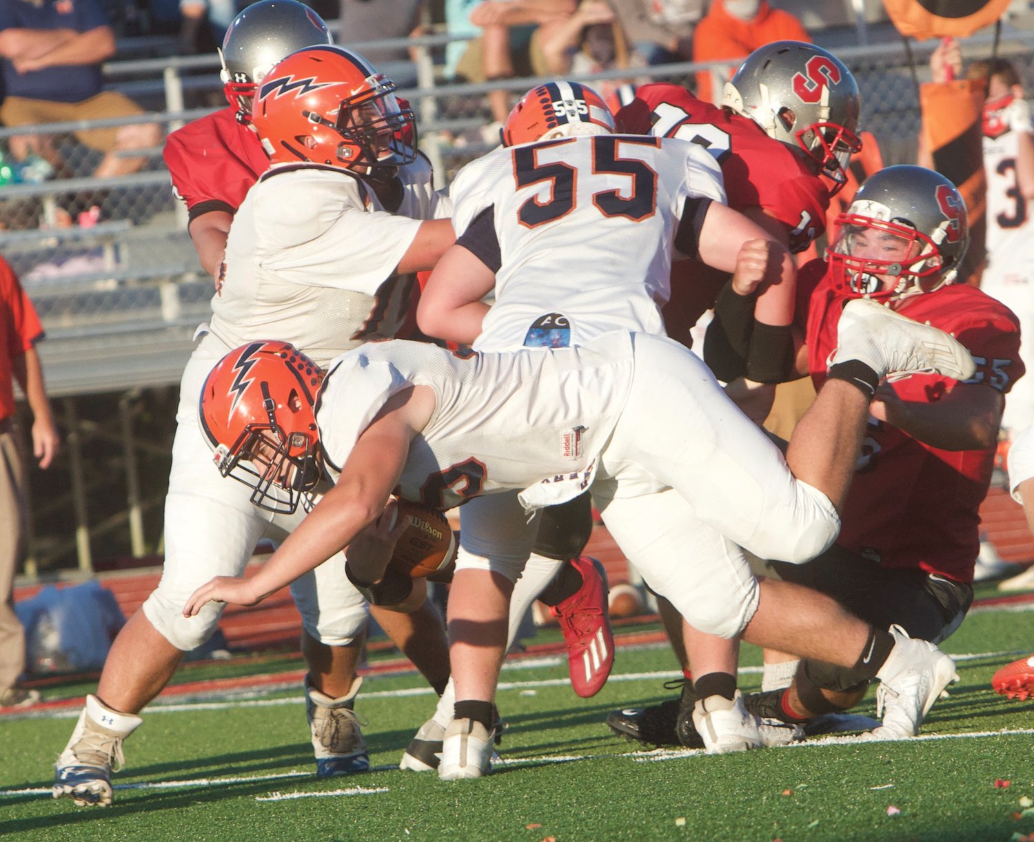 North Montgomery's Jacob Braun bulldozes ahead for a first down.