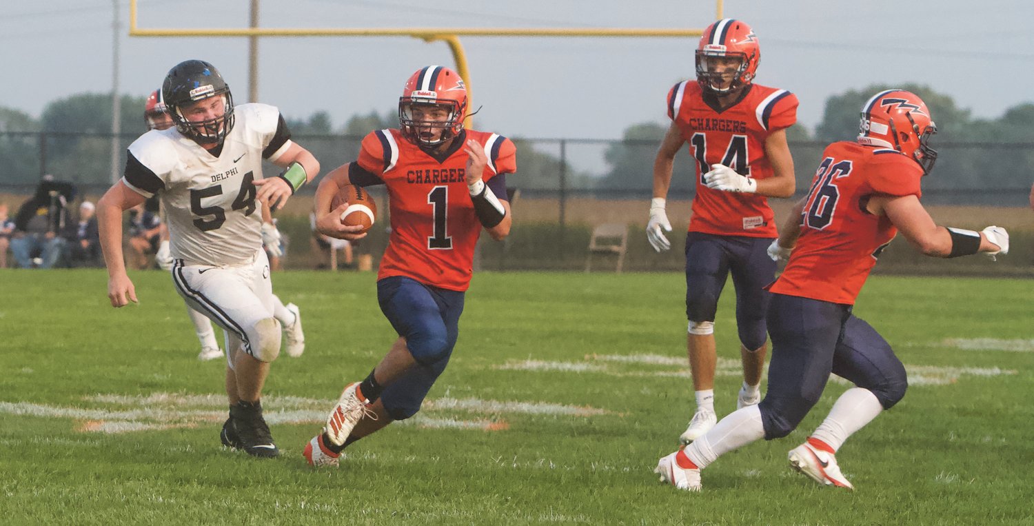 North Montgomery's Logan Kelly had two touchdown receptions and 93 receiving yards plus an interception in the Chargers' 44-38 win over Delphi on Friday night.