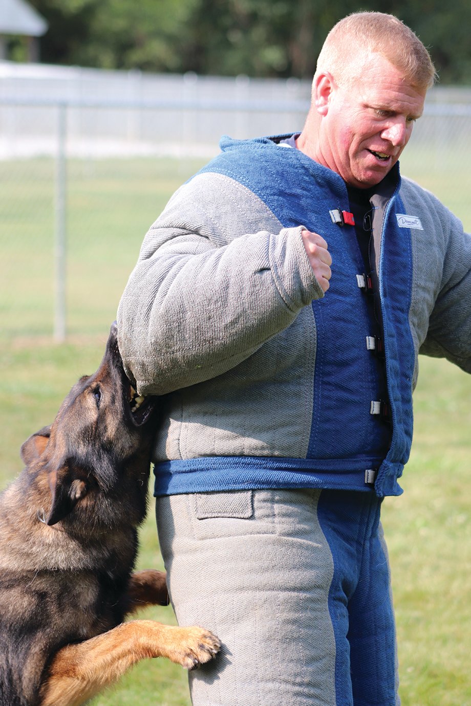 CPD Officer Russ Keller endures a strategic chomp by Crawfordsville K9 Officer Draco on Tuesday as part of a North American Police Work Dog Association training session behind the Animal Welfare League shelter.