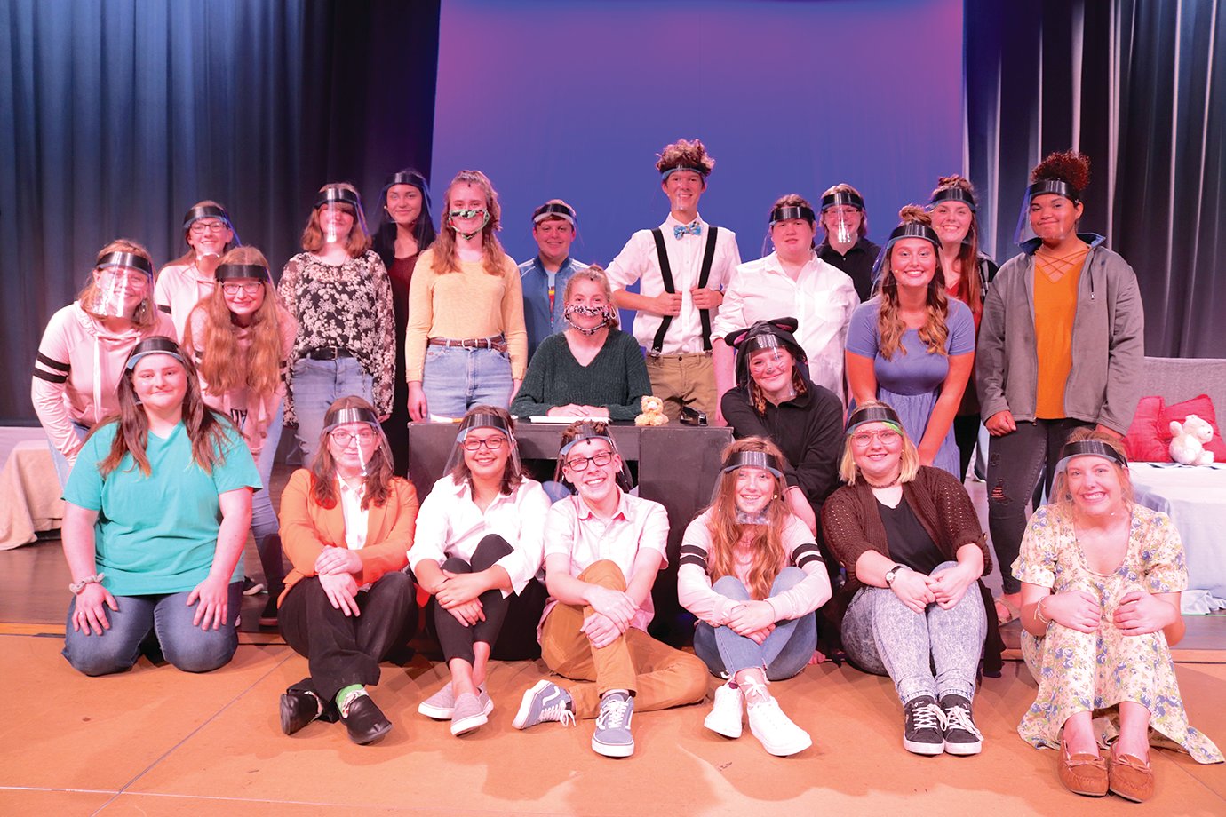 The NMHS Theatre Troupe is in costume and ready for a final rehearsal Thursday afternoon. Cast members pictured, in no particular order, include Alecsandra Baldwin, Emerson Boaz, Cassie Bone, Jackie Carlisle, Miranda Crowe, Jordan Crull, Joy Davis, Lily Dockins, Aavree Doughty, Sam Douma, Rylan Dowell, Abi Eutsler, Haley Evans, Harmon Hann, Shelby Kammerer, Rylie Koopman, Sophie Morris, Liberty Owens, Ali Roche, Katherine Stafford, Kyla Turnbloom, Cameron Tyo, Natalie Walker, Kendall Williamson, Teegan Bacon, Claire Bonwell, Ben Eldridge, Zack Hall, Meagon Lyon, Lilly McKinniss and Bryce Sommer. The play, titled "The Internet is Dist -- OH LOOK A KITTEN" premiers tonight and runs through Sunday.