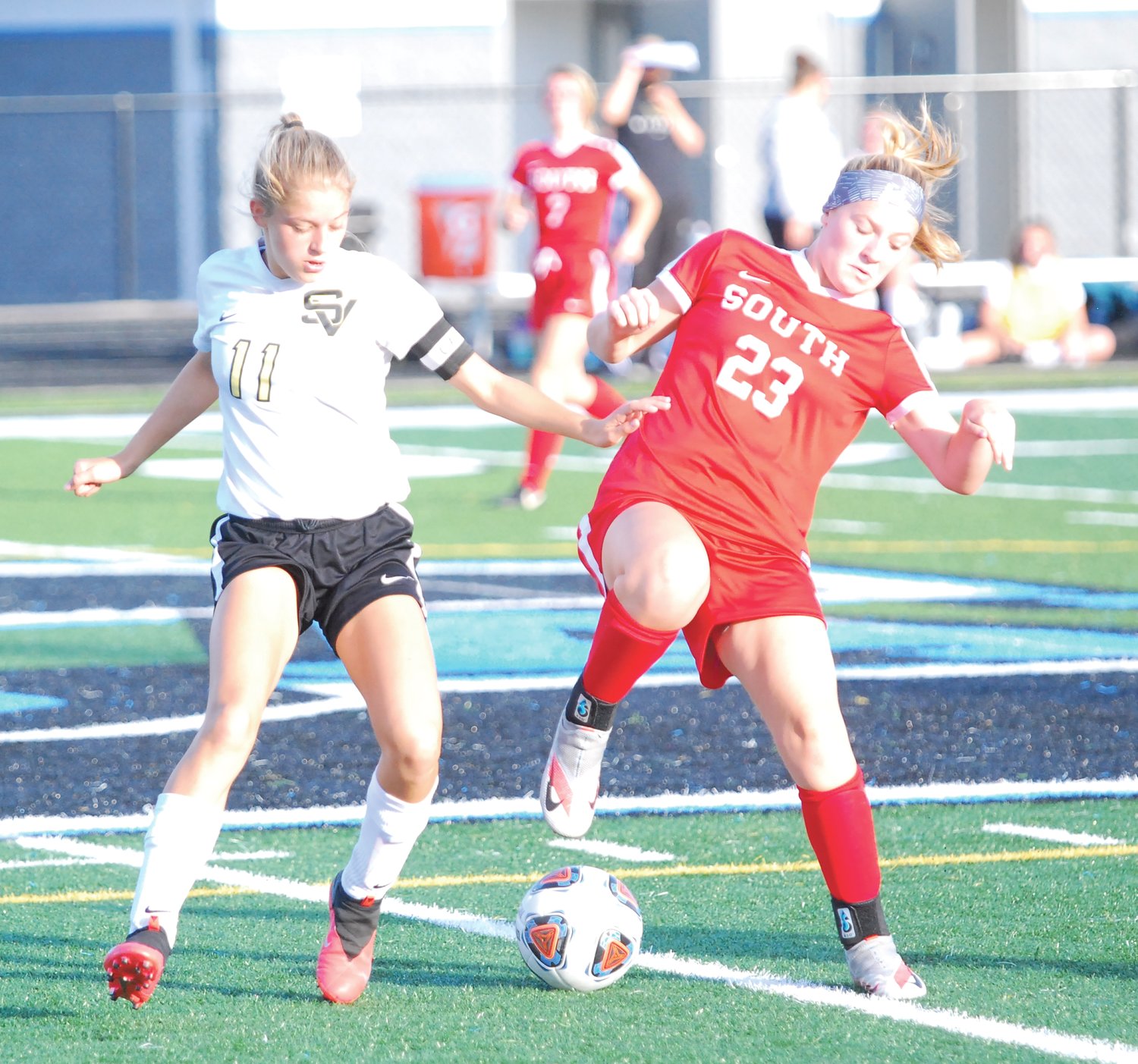 Southmont's Addison Charles battles for the ball in the Mounties' 2-0 sectional win over South Vermillion on Thursday.