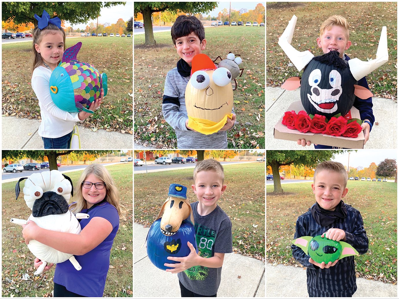 Winners of New Market Elementary's fall pumpkin painting contest proudly display their creative works of art Wednesday in front of the school. More than 150 pumpkins were submitted for the contest.  Champions were voted upon by their peers in each grade level. Winners, clockwise from top left, include: Kindergartener Kynlee Cleary with her fish; first grader McCoy Gomez with Fly Guy and Buzz; second grader Harrison Simmons with Ferdinand; third grader Hudson Beach with Yoda; fourth grader Colton Kendricks with Dog Man; and fifth grader Molly Slavens with Pig the Pug.