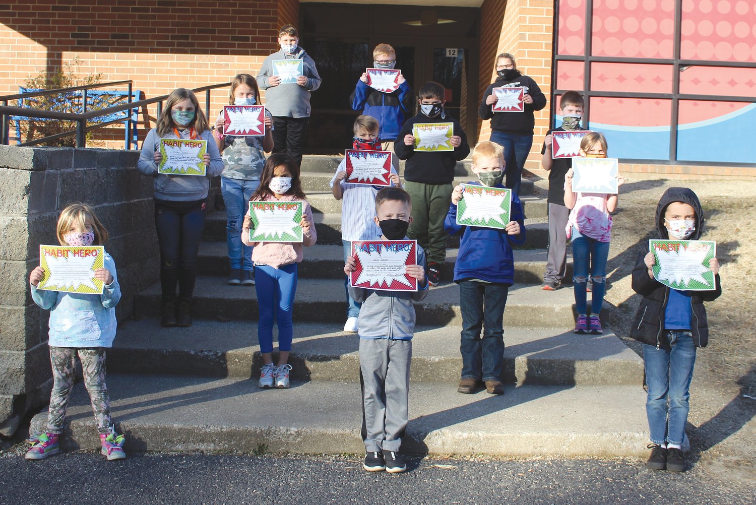 Turkey Run Elementary students have been named for the October Habit Hero Awards. These awards are given to students who set a good example in one of the Leader in Me habits. Awards are presented by staff members to students who they believe have excelled in one of the habits. Winners for the month of October are front, Ashton Foxworthy, Jake Sauter and Kayden Linthicum; second row, Arelynn Agosto-Garcia and Tate Wann, third row, Preslee Sowers, Jaxson Woods and Lorie Reynolds; fourth row, Aubree Martin, Kolten Myers and Colt Martin; back row, Colin Ortiz, Nate Vandivier and Blakelynn Dice. Not pictured is Leah Mathis.