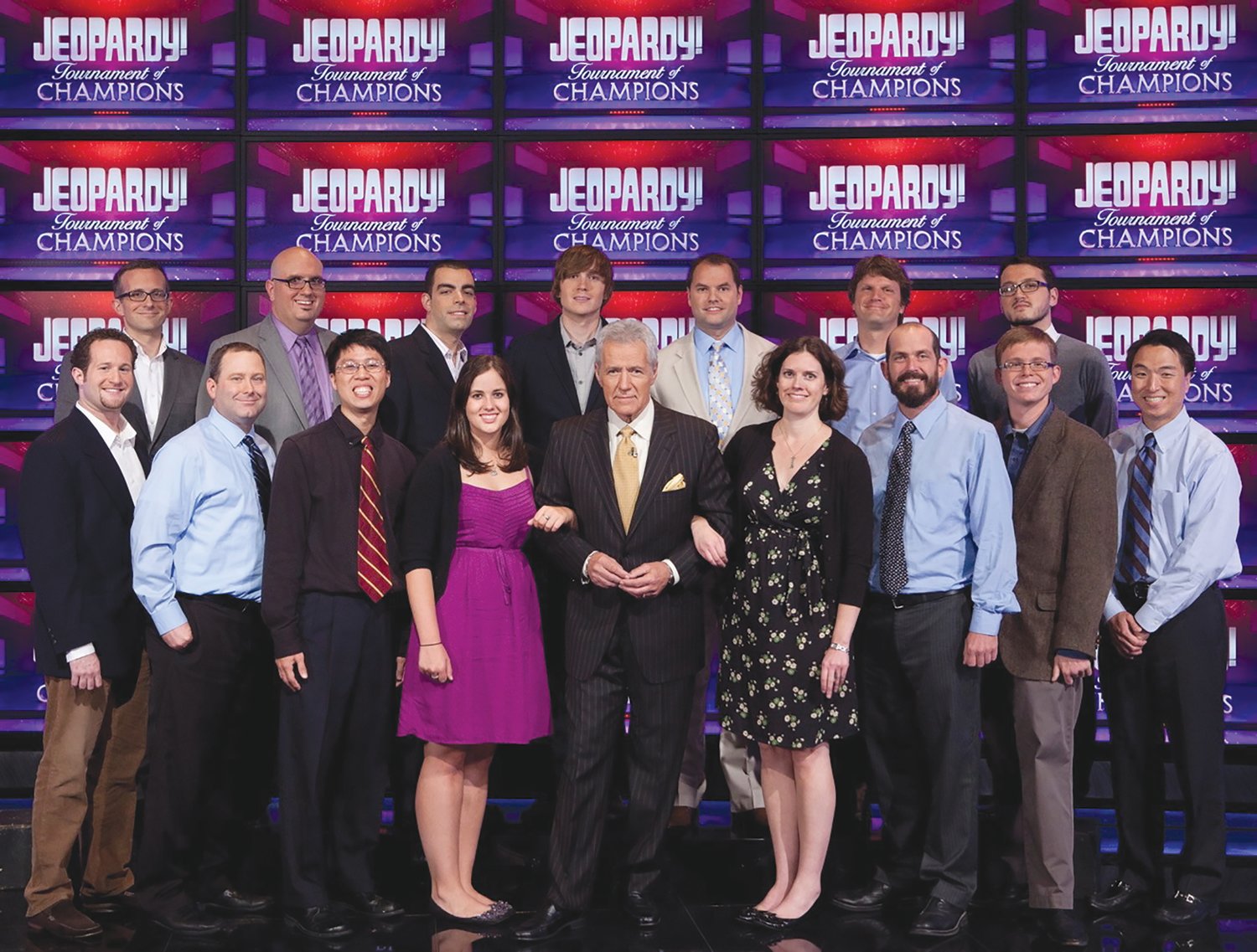 Jeopardy! host Alex Trebek; is pictured in the front row; center; with contestants from the 2011 Tournament of Champions. Crawfordsville resident Christopher Short is pictured in the back row; second from left.