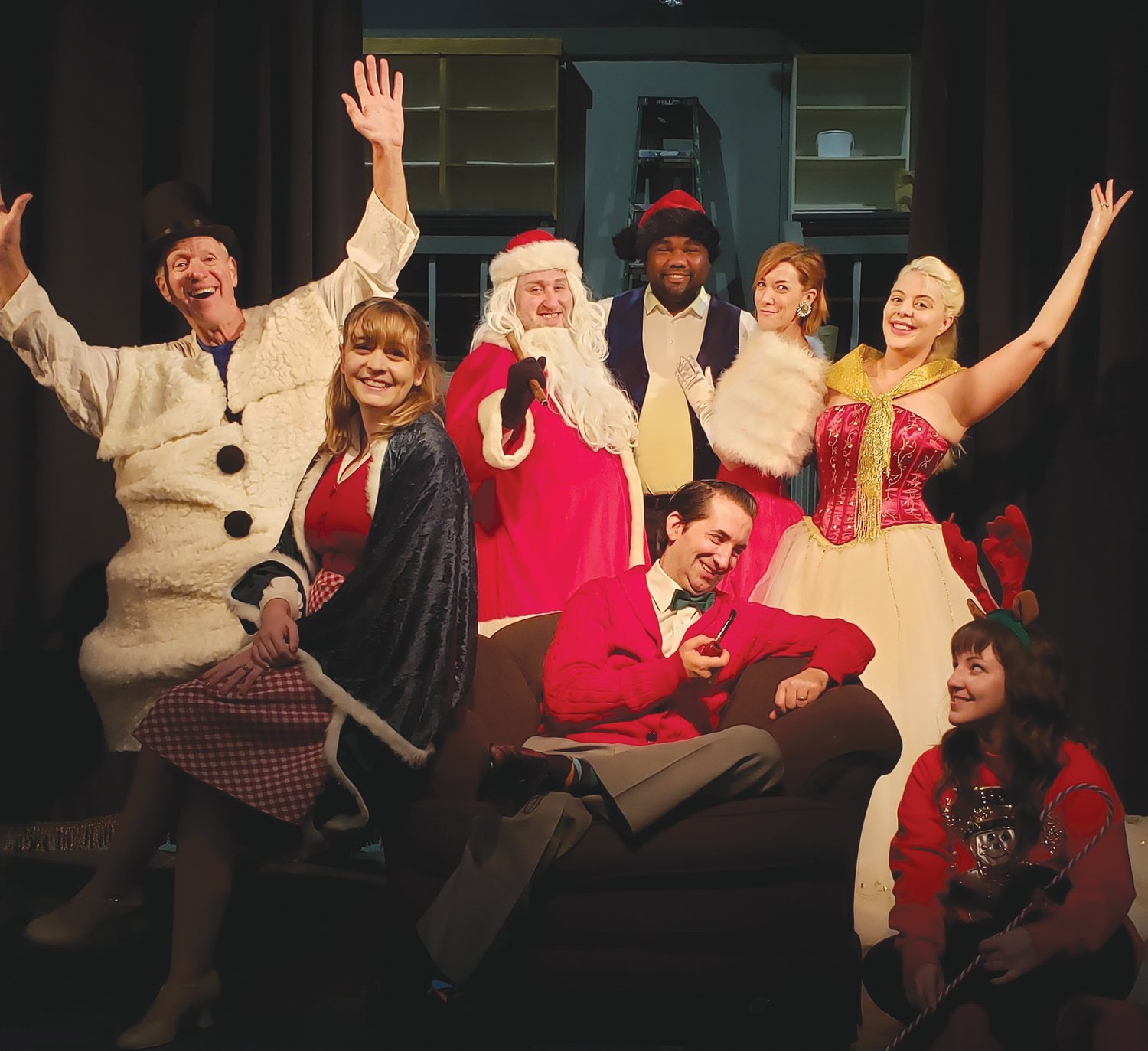 The cast gets ready for the merriment of a Christmas special, as Myers Dinner Theatre presents Hollywood Hearth and Home, a Christmas musical revue. Pictured, from left, standing are Don Hart, T.J. Bird, Kevin Ray Johnson, Sarah Hayes and Elsa Scott Besler; and seated are Rachel Henry Johnson, Thomas J. Besler and Lauren Morgan. The show opens Friday and continues through Dec. 20.