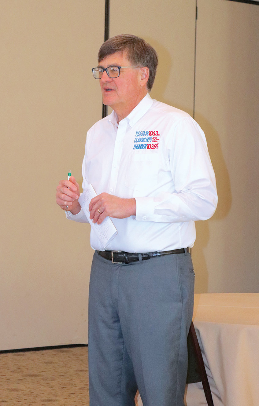 Dave Peach, general manager at the CVL Broadcasting Corporation in Crawfordsville, discusses the highs and lows associated with live and recorded programs during the COVID-19 pandemic to a group of Rotarians on Wednesday at the Country Club.