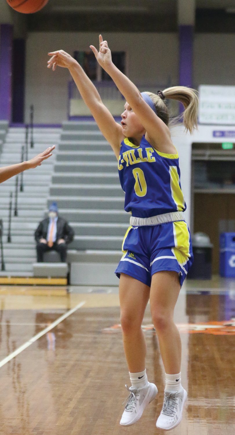 Crawfordsville's Olivia Reed fires a three in a game earlier this season. The junior led the Athenians on Thursday with 16 points in a win over Riverton Parke.