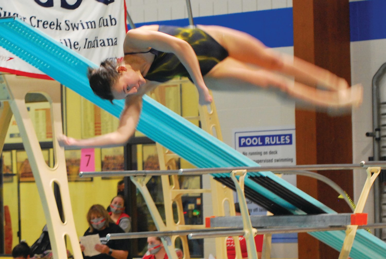 Crawfordsville sophomore Trinity Deck set a new county meet record in diving-6 with a mark of 226.1