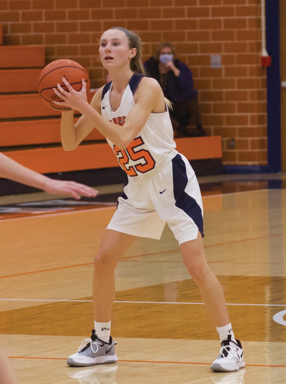 North Montgomery’s Grace McClaskey looks for an open teammate.