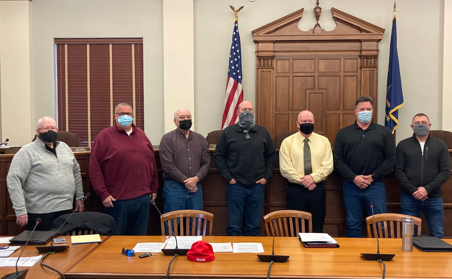 Members of the newly-formed Montgomery County Solid Waste District Board, pictured Monday in the City Building, include, from left, Stan Hamilton, Bob Cox, Don Mills, Dan Guard, Todd Barton, John Frey and Jim Fulwider.
