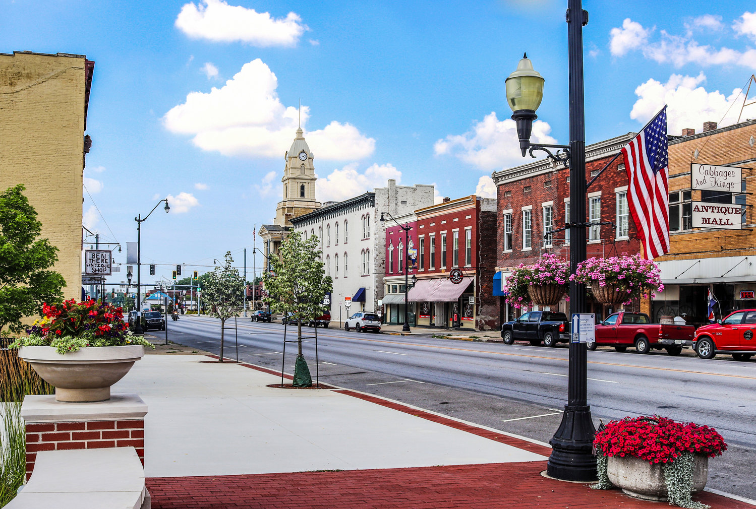 Downtown Crawfordsville as seen in the summer of 2020 looking north along South Washington Street.