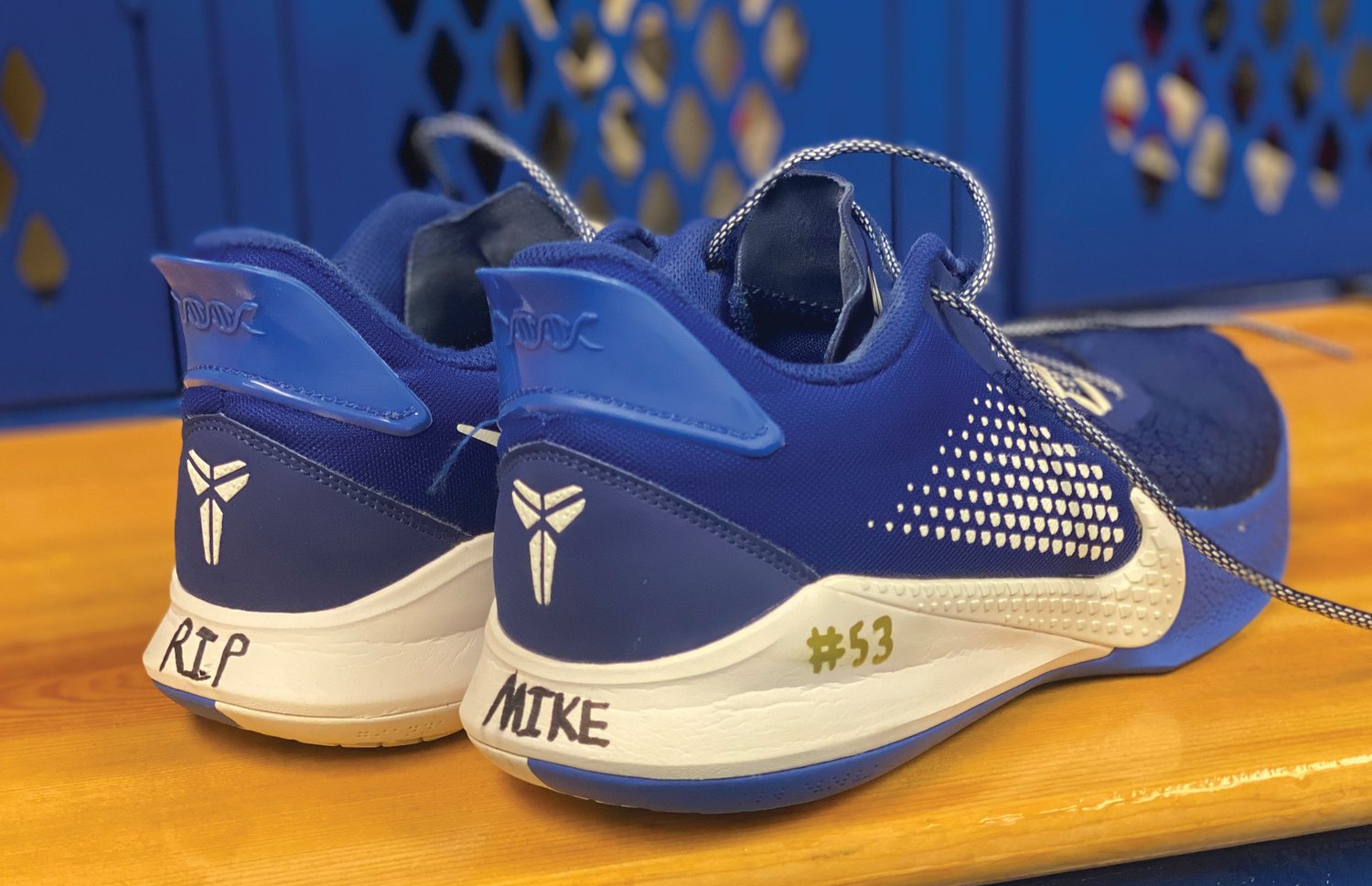 Shoes worn by a Crawfordsville boys’ basketball player in Friday night’s win over Frankfort. The team played in honor of classmate, Michael Leak, who passed away in a car accident on Thursday evening.