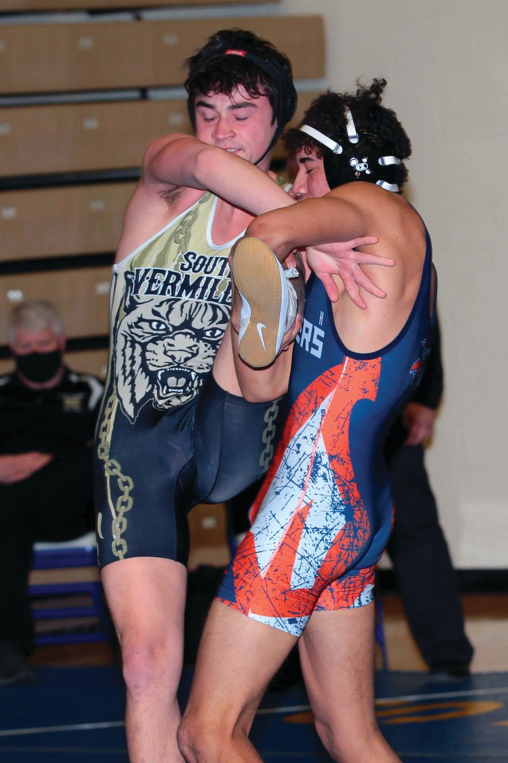 James McClerkin of North Montgomery wrestling Koltin Kabbany of South Vermillion at 145 lbs.  .