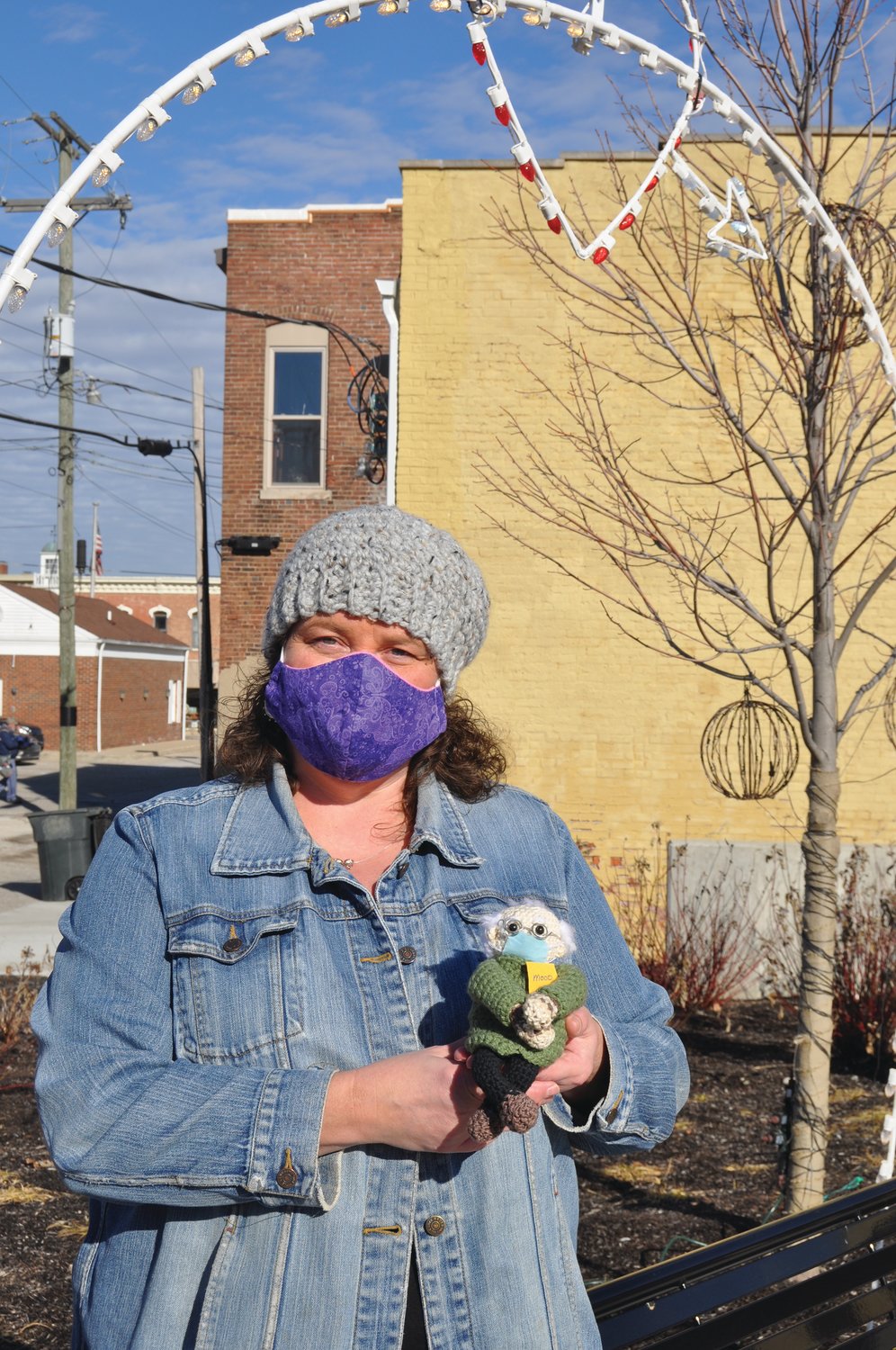 Bunny Sutton holds Bern Man, a crocheted doll of U.S. Sen. Bernie Sanders she made to raise money for the Montgomery County Free Clinic and Meals on Wheels.