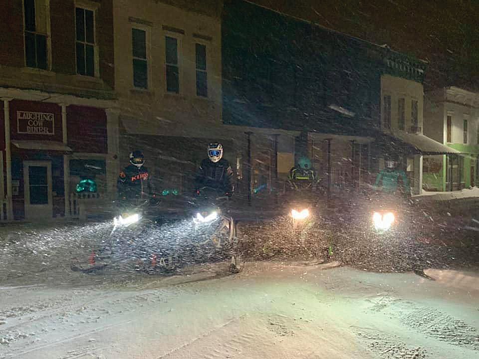 Snowmobiles were a mode of transportation Monday night on Main Street in Ladoga.