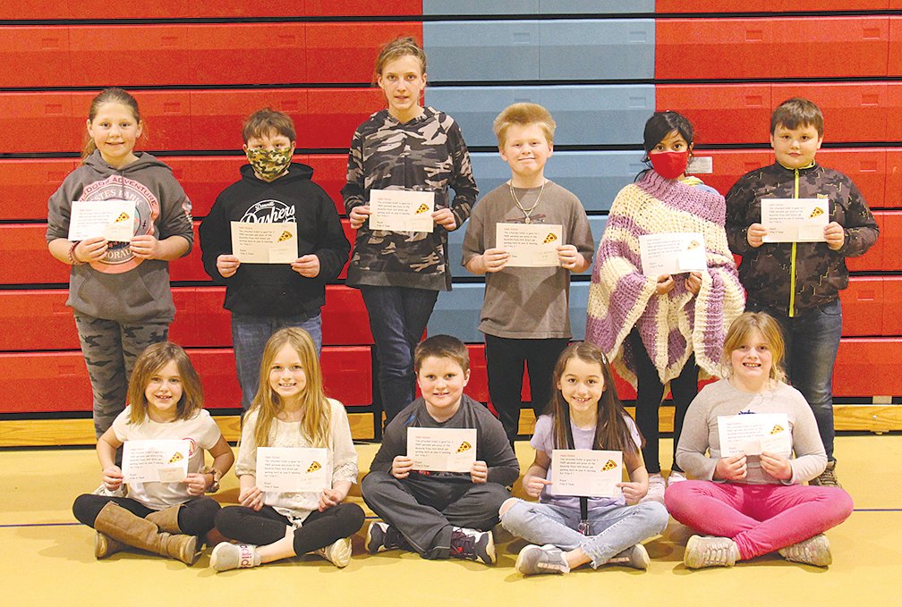 Throughout the school year, Turkey Run Elementary Title 1 students have been sent home packets in the event of a needed eLearning Day. When NCP Schools held eLearning Days during the week of Feb. 15-19, students were to complete these packets as a part of their studies. As a reward for completing and returning their packets, 11 students earned a coupon for a free personal pan pizza from the Rockville Pizza Hut. Earning the free pizza were front row, Kyndal Gordon, Makinley Atkinson, Cole Tidwell, Chloe Branson and Morrissa Brown; and back row, Jenna Newnum, Aiden Cole, Lilah Brown, Alex Wallace, Nahomi Agosto-Garcia and Jackson Threlkeld.