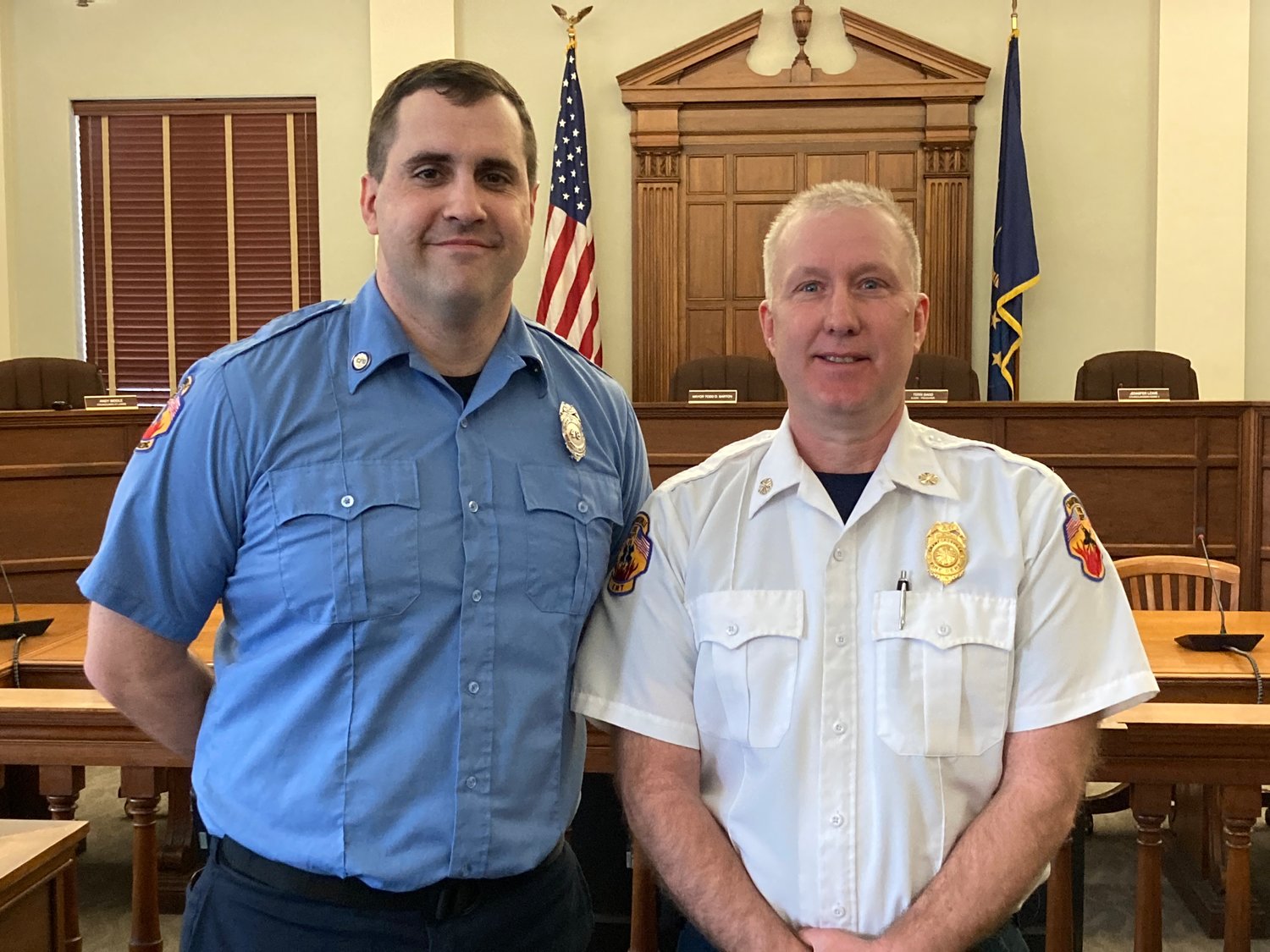 Gary Villines, left, was sworn in as the newest member of the Crawfordsville Fire Department. He is pictured with Chief Scott Busenbark.