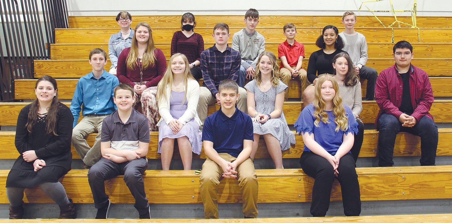 Newly-inducted members are front row, Keyera Brown, Henry Busenbark, Justin Cooper, and Aubree Kieft; second row, David Lacy, Hallie Miller, Emma Patton, Kailey Seay, and Lucas Rhoads; third row, Shelby Robertson, Treigh Shelsky and Taya Sturmer; and back row, Ashton Tapy, Erica Zatorski, Hayden Vandivier, Nate Woodard and Lewie Woody.