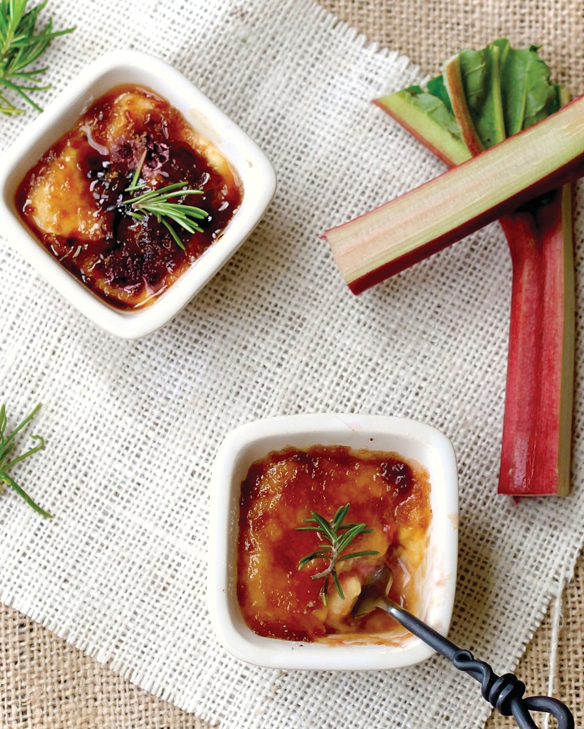 Rhubarb and rosemary are surprising bedfellows in this creme brulee.
