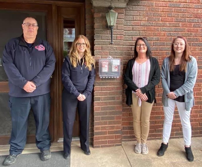 The Community Paramedicine Program and InWell have partnered to maintain a NaloxBox containing free Narcan at the community paramedicine building. Pictured from left are firefighter/paramedic Joe Crane, early intervention specialist Rachel Kenner and InWell peer recovery specialists Shannon Fannin and Maddy Edmiston.