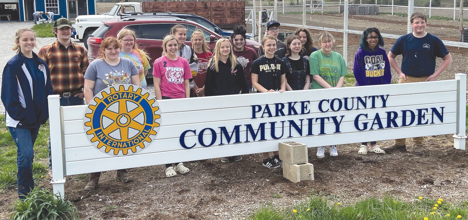 More than 20 volunteers from the Riverton Parke FFA and Parke Heritage FFA, Honor Society and Interact Club recently assisted Rockville Rotarians prepare the Parke County Community Garden for this year’s plantings. The volunteers spread mulch and painted fence posts around the garden perimeter along with 80 plot stakes. Those assisting included, from left, front row: Leah Clark, Alexis Fisher, Natalie Harkrider, Brooklyn McMullen, Kristan Ward, Michaela Troutman, Emma Swaim, Thomasina Archey and Collin Watson; and back row, Shawn Lewis, Lindsay Whitlow, Carly Harpold, Emily Adams, Rhylie Cannon, Jackson Sciotto and Sophie Sanders. Other volunteers not pictured were William Patton, Parker Grayless, Catrina Roberts, Micah Humphreys, Nash Humphreys, Michaela Woods, Colton McMullen and Mark Harper. The garden is located on the south edge of Rockville along U.S. Highway 41 and is sponsored by the Rockville Rotary Club. All plots have been rented for this year. For more information about the garden, contact Rotarian Judy Brook at 765-597-8061.