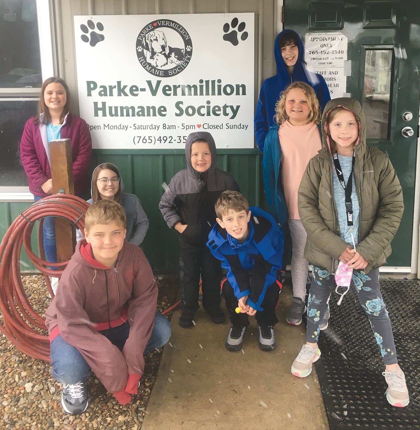 Members of the Turkey Run Elementary Student Lighthouse Team recently held a pet supply drive for the Parke-Vermillion Humane Society. TRES students and staff donated items such as pet food, treats and toys, cat litter, paper towels and dish soap. As a part of this activity members delivered the items to the Humane Society. While there, they were able to visit with the pets. The grade level who donated the most items was the fifth grade. They won an extra day of skating. Students who visited the Parke-Vermillion Humane Society are front row, Eli Thompson, Declan Smith and Allie Sauter; middle row, Carleigh Craycraft, Eli White and Ashlyn Bryant; and back row, Anna Tidwell and Michael Smith.