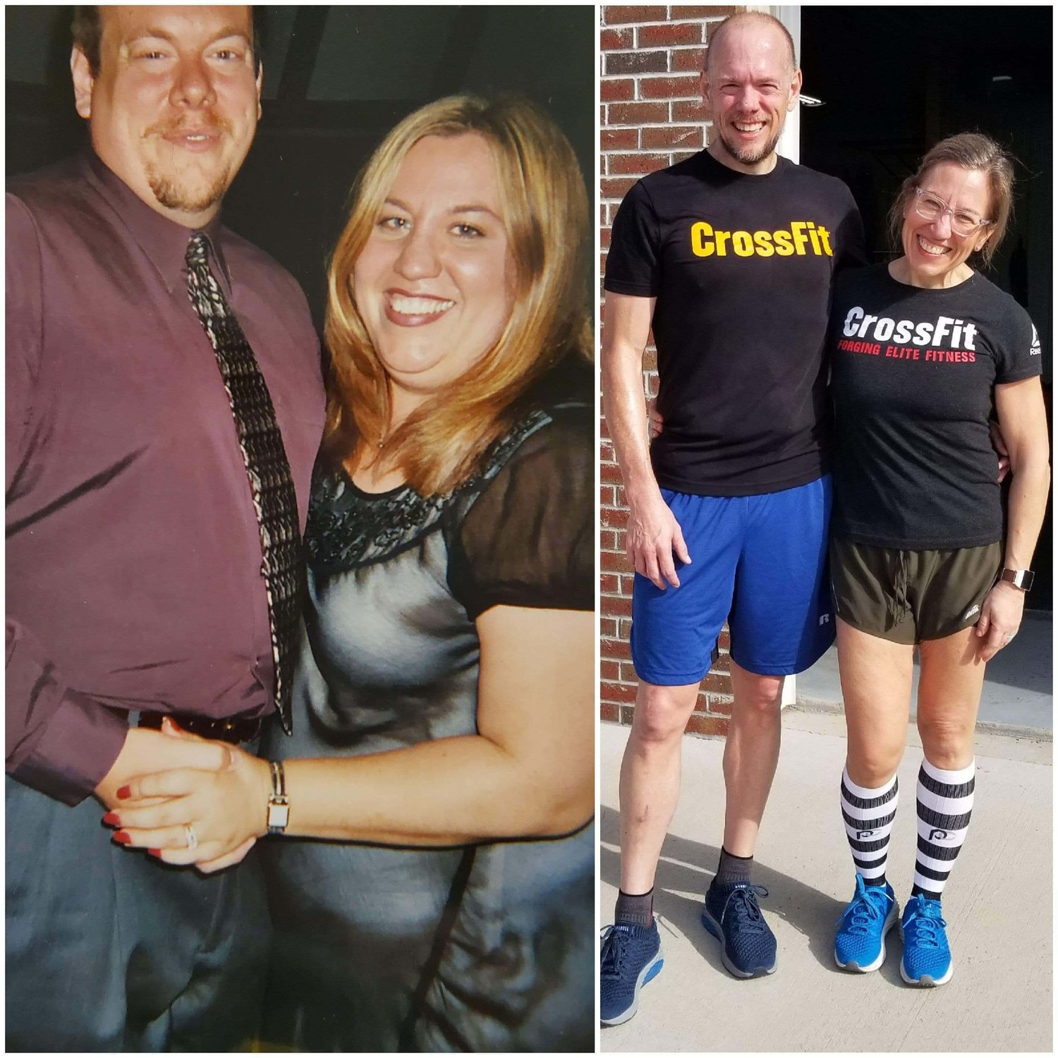 LEFT: Mike and Jen Pendleton before their weight loss journey began. Mike was over 300 pounds and Jen at 265. RIGHT: Jen and Mike Pendleton at Elavus CrossFit.