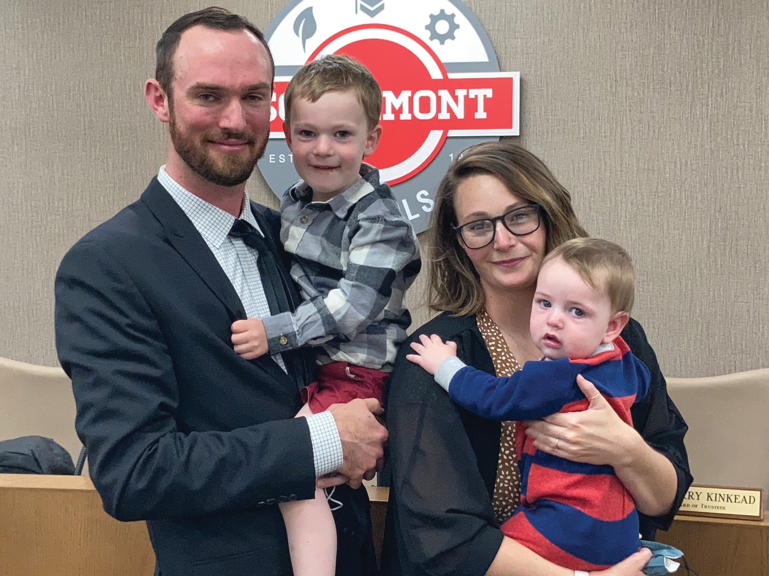 Newly-hired Southmont High School assistant principal Kyle Owens with his wife, Samantha, and their sons, Jack, left, 3, and Wes, 9 months.
