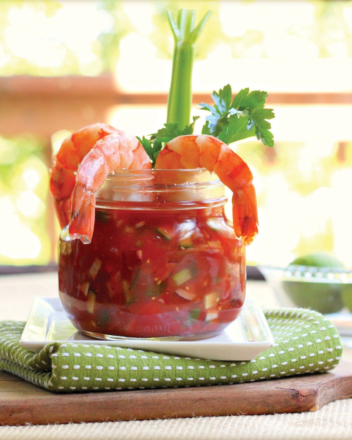 This gazpacho takes inspiration from a shrimp cocktail, with the tomato juice base infused with cocktail sauce ingredients, such as horseradish, lemon and Worcestershire sauce.