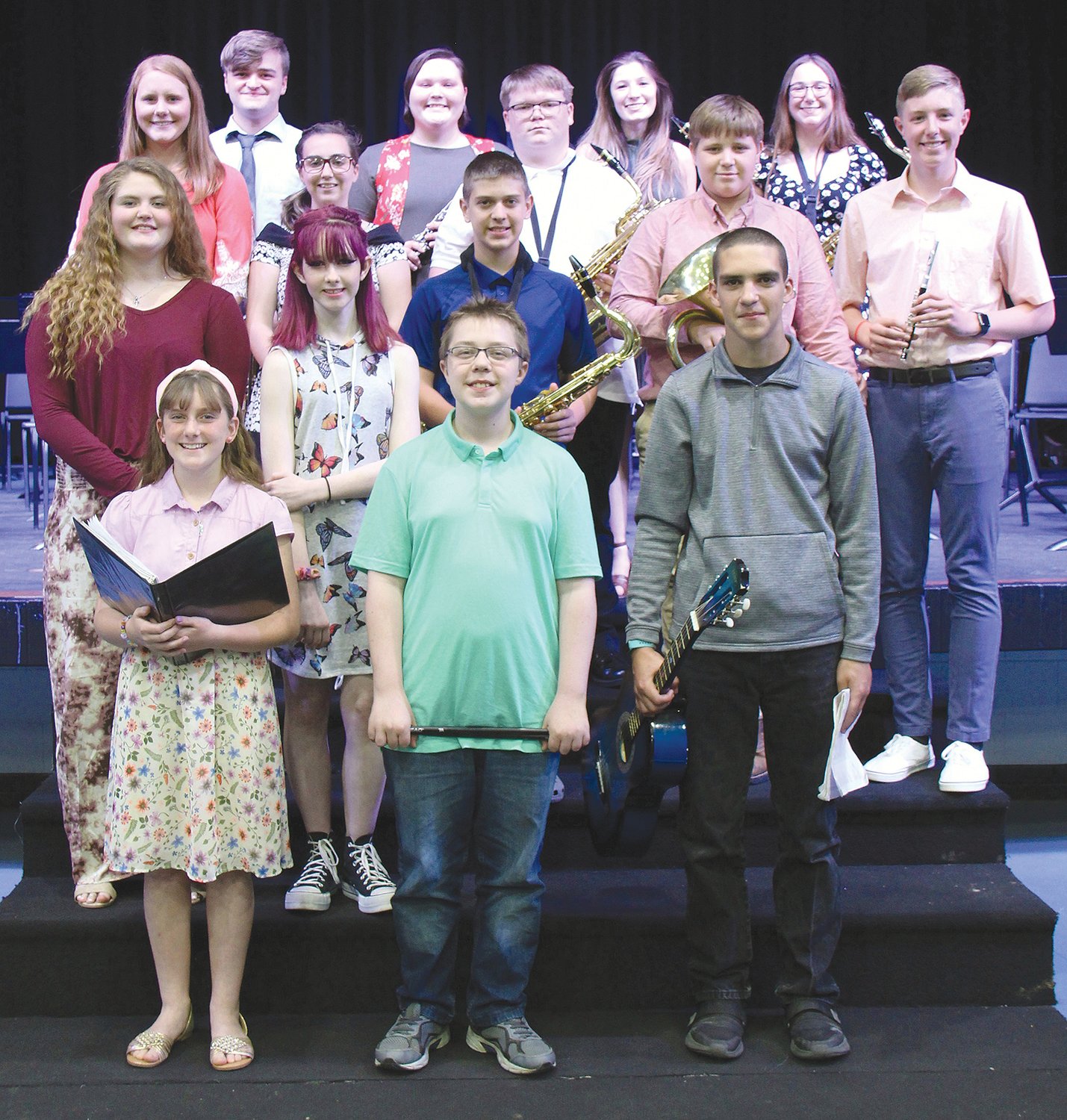Earning music awards are front row, Ella Lacy, Lucas Hutchens and Caylum Wills; second row, Shelby Robertson, Novel Crabtree and Justin Cooper; third row, Jenna McVay, Kaitlyn McMichael, Drew Hybarger, Tucker Conley and Treyton Burgess; and back row, Lucas Branson, Ashlyn Hybarger, Abigail Nicholas and Alexa Blackwell. Not pictured are Kody Cheesman, Carly Newnum and Shana Stafford.