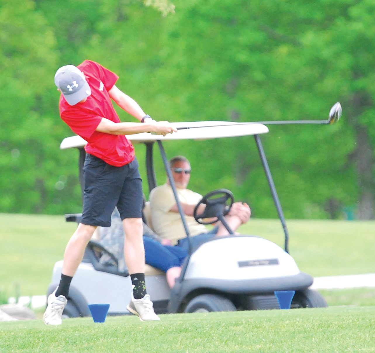 Southmont's Luke Tesmer fires a tee shot at the Sagamore Conference meet at Rocky Ridge on Saturday.