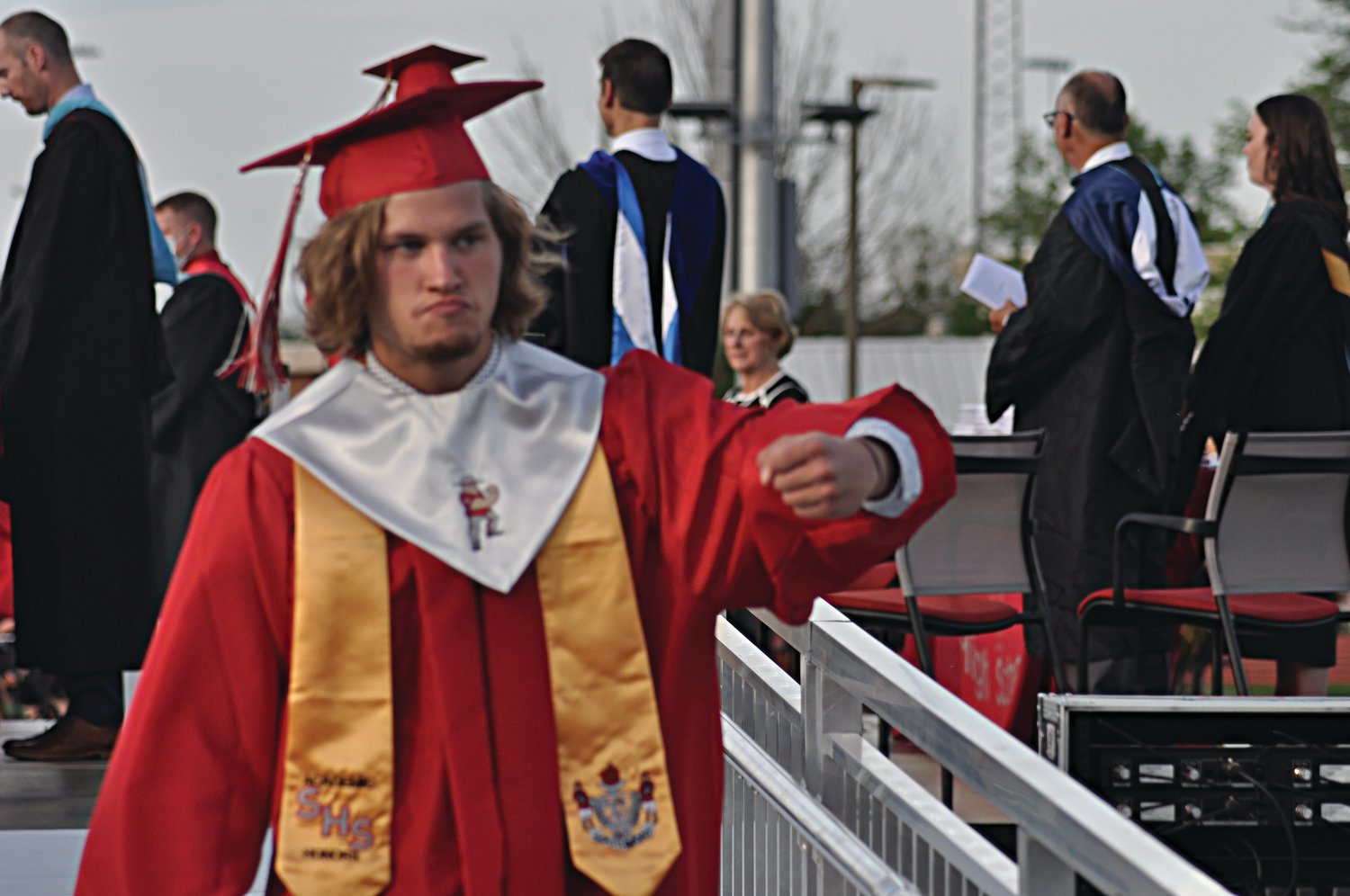 Aidan Portwood celebrates after receiving his diploma during commencement exercises at Southmont High School on Friday.