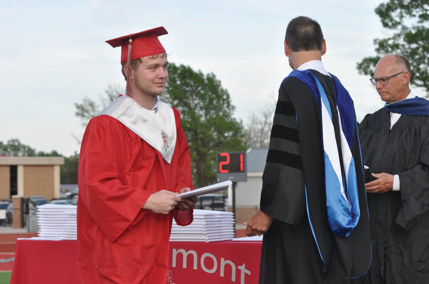 Dylan Conkright leaves the stage with his diploma during commencement exercises at Southmont High School on Friday.