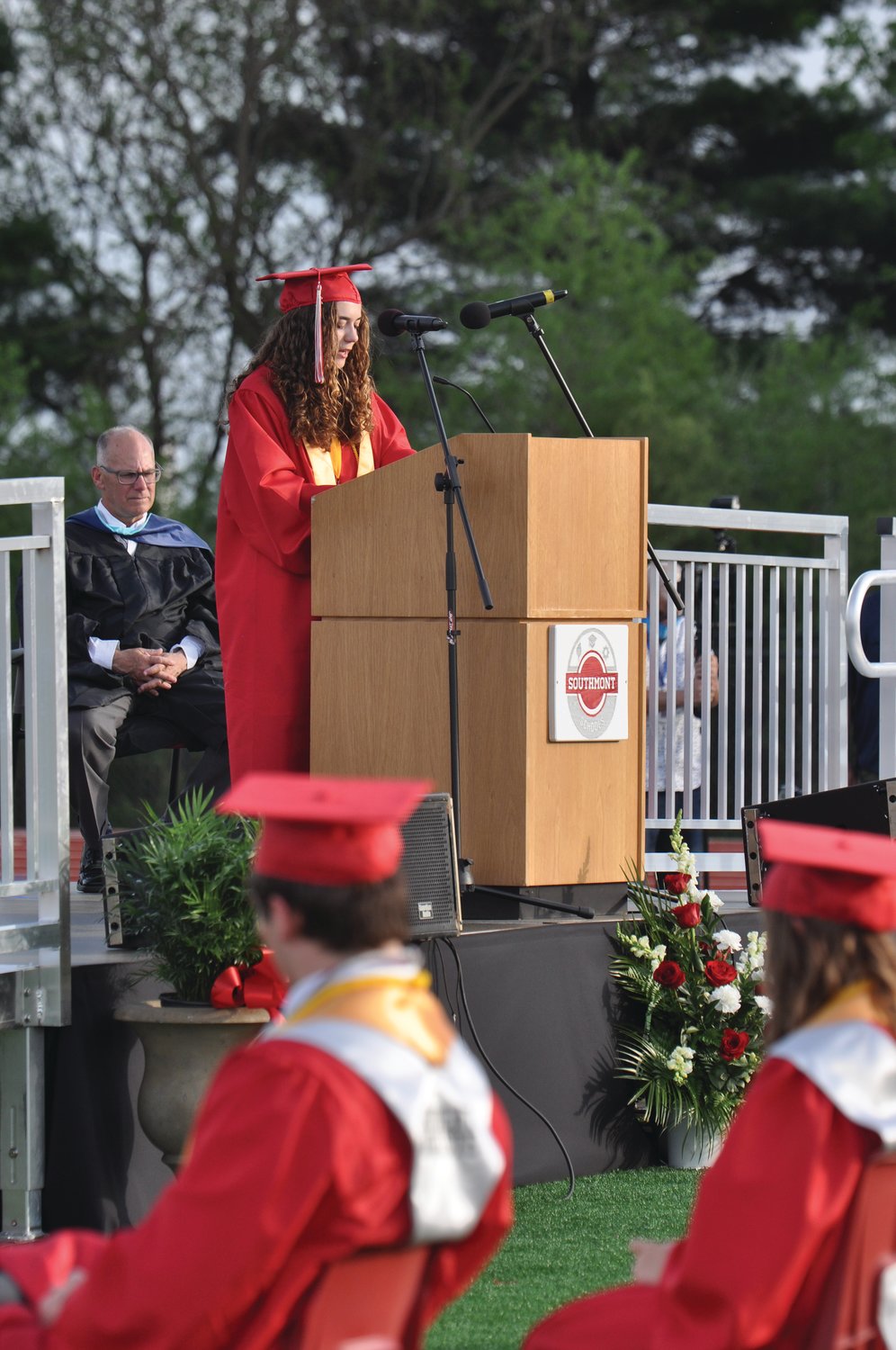 Salutatorian Lauren Tricker addresses her class during commencement exercises at Southmont High School on Friday.