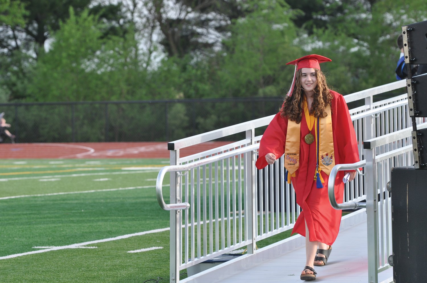 Salutatorian Lauren Tricker leaves the stage after addressing her class during commencement exercises at Southmont High School on Friday.