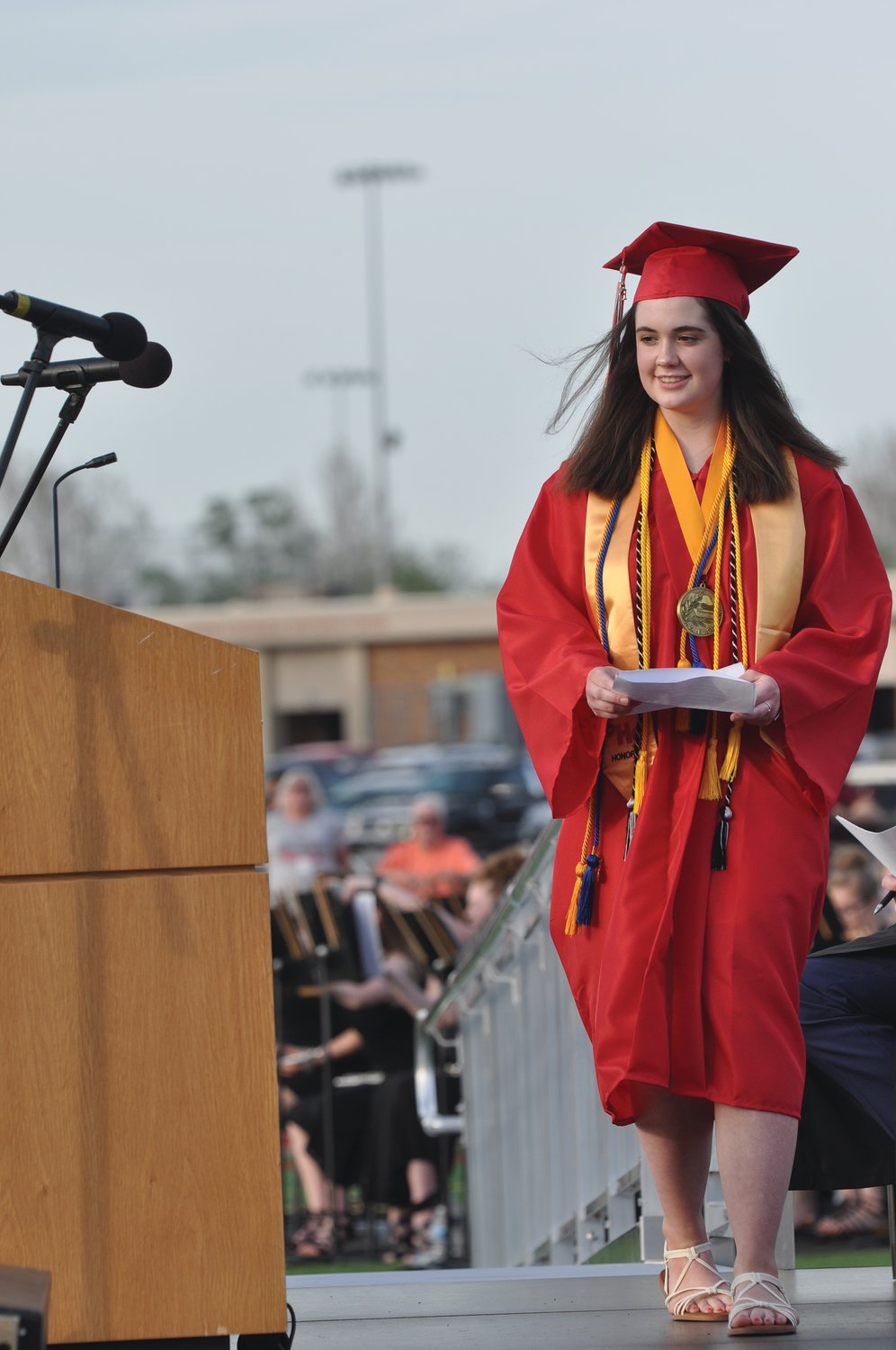 Valedictorian Madison Livesay approaches the podium to deliver her address during commencement exercises at Southmont High School on Friday.