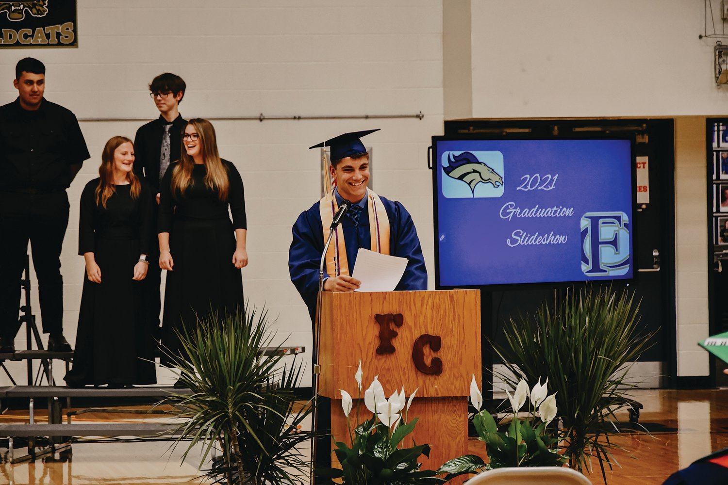 Class president Seth Gayler addresses his classmates Friday during commencement exercises at Fountain Central High School.