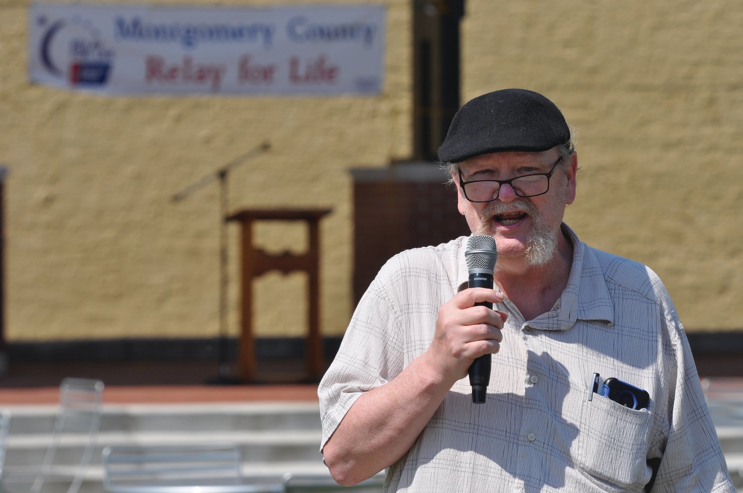 Steve Hester, a colorectal cancer survivor, speaks Saturday at the Montgomery County Relay for Life kickoff at Pike Place. The annual fundraiser for the American Cancer Society is set for July 17 at the National Guard Armory.