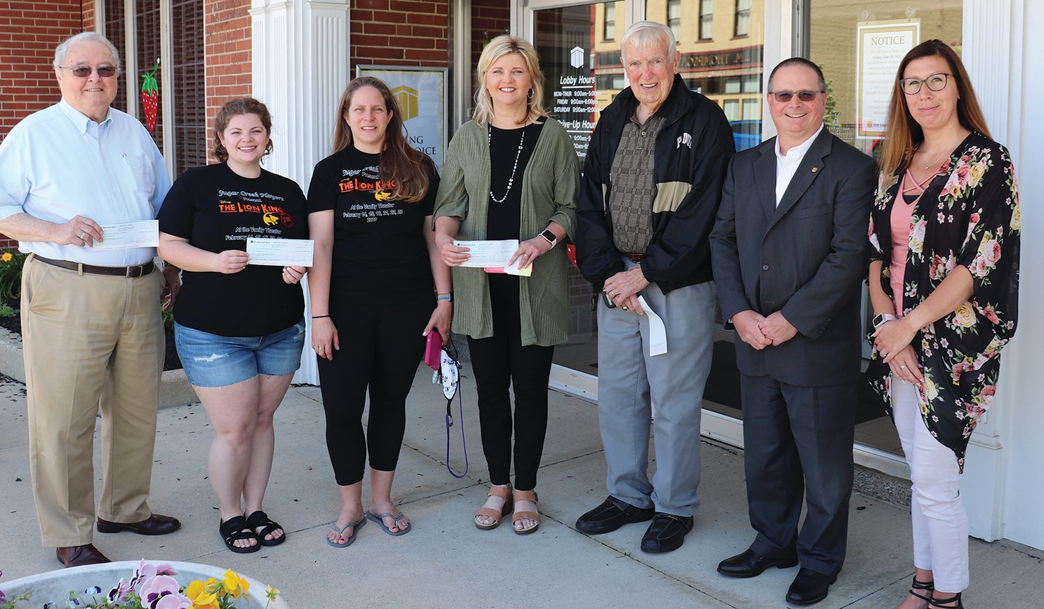 Pictured from left are Jack Wyatt, First Merchants Charitable Foundation, Jennie Swick and Lisa Warren, Vanity Theater, Kelly Taylor, Montgomery County Community Foundation, Bud Arnold, FISH Ministries, Brett Talcott, First Merchants Bank Regional President, and Ashley Rivers, First Merchants Crawfordsville Banking Center Manager.