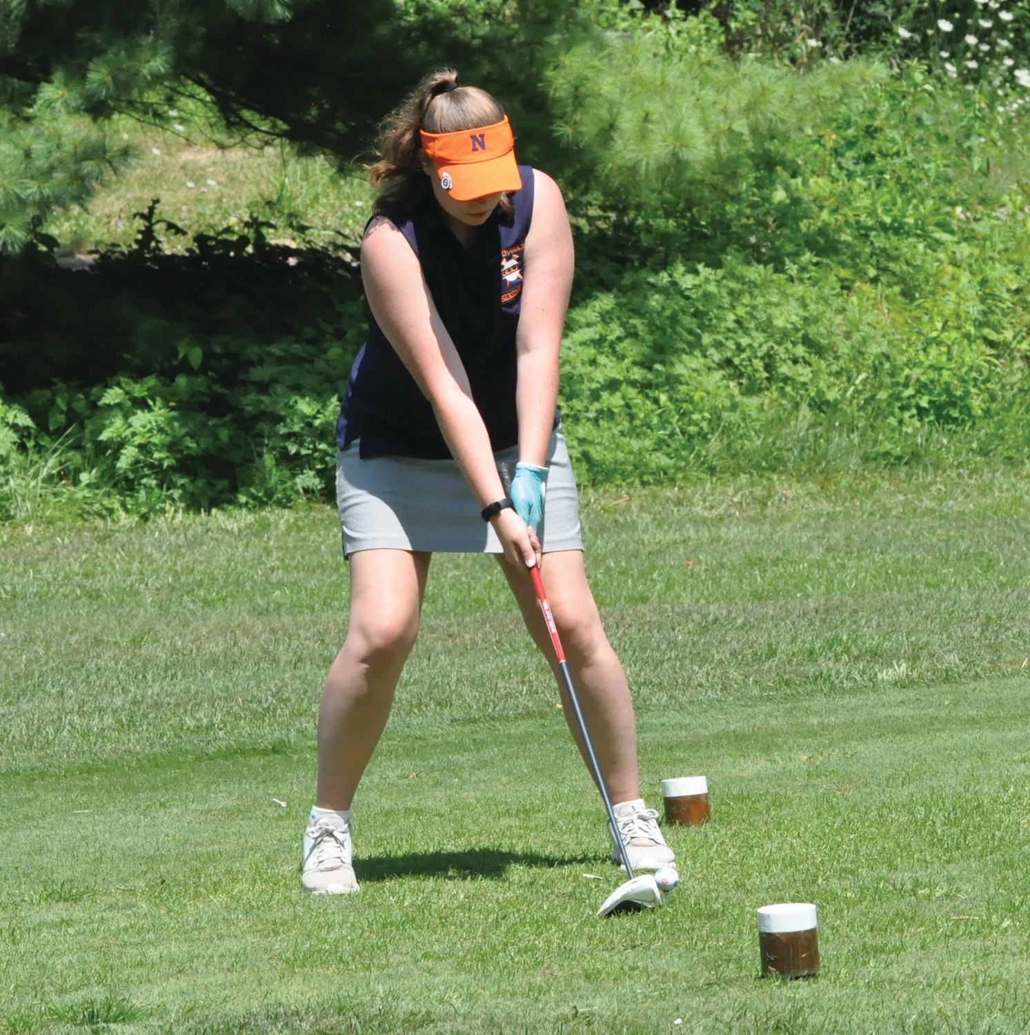 North Montgomery's Morgan Swick prepares to tee off on No. 1 at Harrison Hills on Monday.