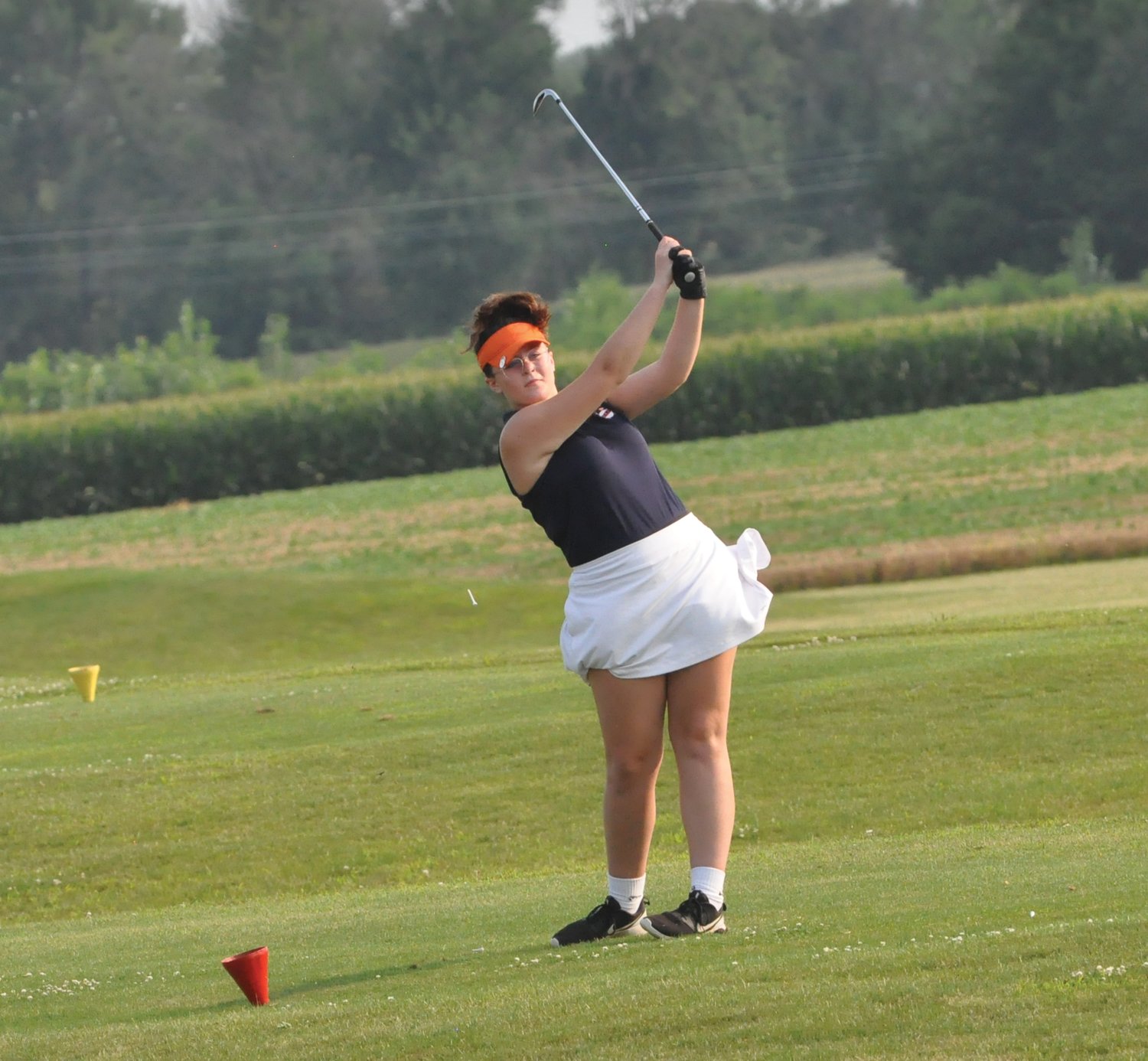 North Montgomery's Grace Shrader hits her tee shot on the Par-3 No. 6 at Rocky Ridge on Monday evening.