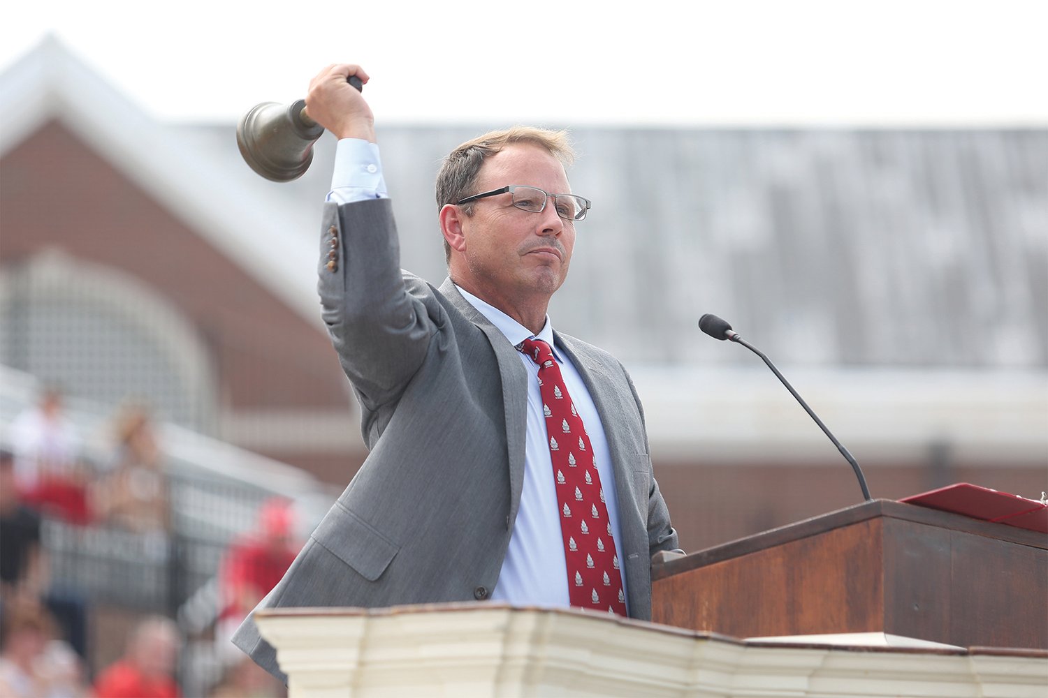 Wabash College President Scott E. Feller rings in the Class of 2025 with the Caleb Mills Bell. It