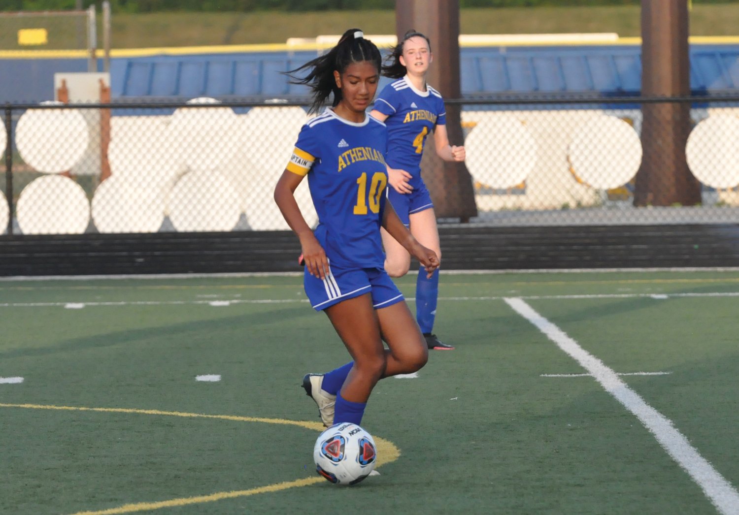 Crawfordsville's Hannia Hernandez controls the ball in the open field for the Athenians on Wednesday against Frankfort.