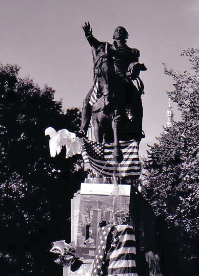 The George Washington statue in Union Square is decorated after the Sept. 11, 2001 attacks. Union Square became a public mourning place after the attacks and bordered the restricted area of New York City.