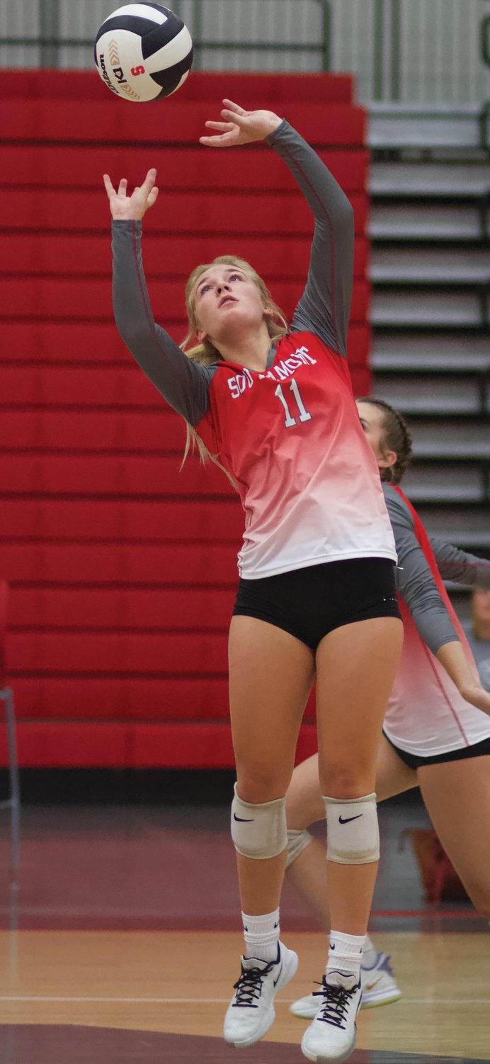 Southmont's Mallory Mason reaches for the ball at home on Thursday against Fountain Central.