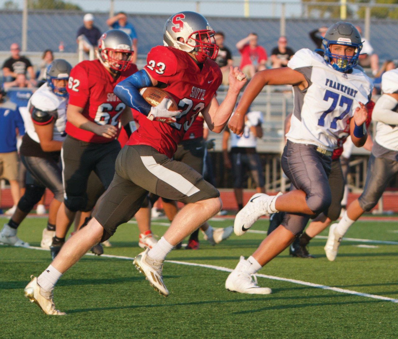 Carson Chadd took the Mounties' first play from scrimmage 73 yards for a touchdown against Frankfort on Friday night.