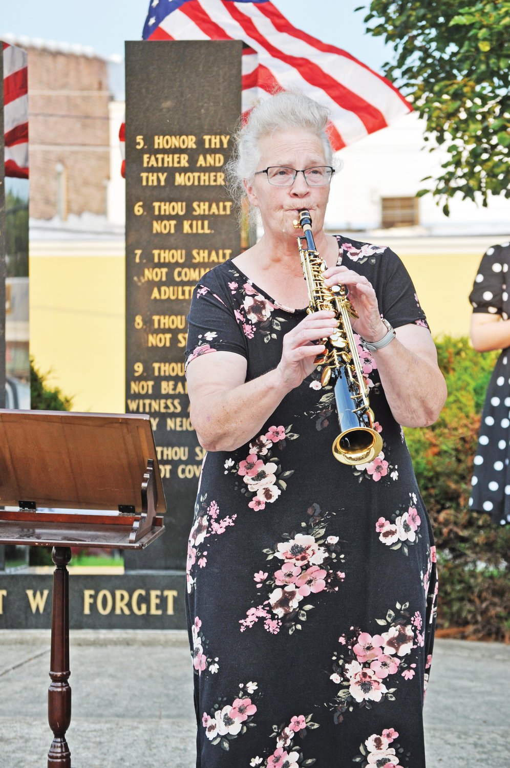 Sharon Sharp plays “God Bless America” at the annual 9/11 memorial ceremony at Pentecostals of Crawfordsville on Saturday.