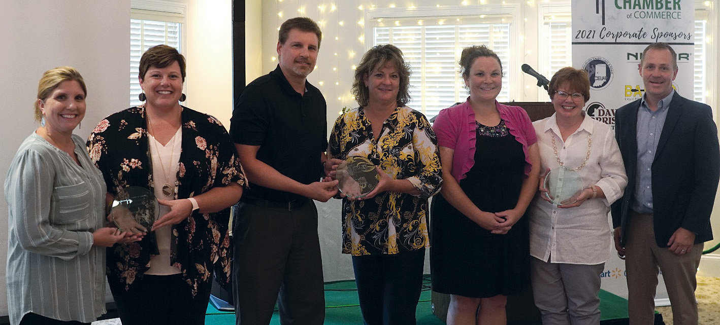 Emerald Educators, pictured from left, are Elise Israel and Megan Oppy of North Montgomery Schools, Jamie McCormick and Curtis McVay of Southmont Schools,  Jenny Hesler and Anita Harris of Crawfordsville Schools and:Dan Rhodes, Duke Energy, who presented the awards honoring the teachers.
